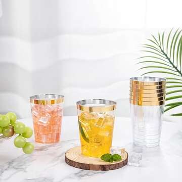 I00000 100PCS Gold Plastic Cups,10 oz Clear Plastic Cups with Gold Trim, Gold Plastic Beer Mugs，Disposable Hard Plastic Cups For Party, Premium Gold Rimmed Plastic Cups Perfect for Wedding & Party