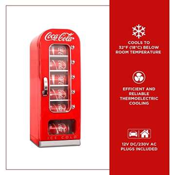 Coca-Cola Vending Machine Mini Fridge with 12V DC and 110V AC Cords 10 Can Cooler with Display Window & Push-Button Vending Action Red Unique Portable Beverage Fridge for Soft Drink Cans Retro Style