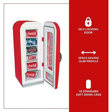 Coca-Cola Vending Machine Mini Fridge with 12V DC and 110V AC Cords 10 Can Cooler with Display Window & Push-Button Vending Action Red Unique Portable Beverage Fridge for Soft Drink Cans Retro Style