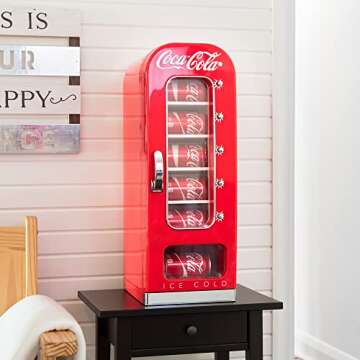 Coca-Cola Vending Machine Mini Fridge with 12V DC and 110V AC Cords 10 Can Cooler with Display Window & Push-Button Vending Action Red Unique Portable Beverage Fridge for Soft Drink Cans Retro Style