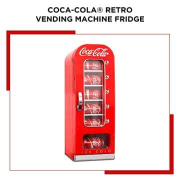Coca-Cola Vending Machine Mini Fridge with 12V DC and 110V AC Cords 10 Can Cooler with Display Window & Push-Button Vending Action Red Unique Portable Beverage Fridge for Soft Drink Cans Retro Style