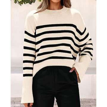 KIRUNDO Women's Striped Knit Oversized Fall Sweaters 2024 Trendy Clothes Crewneck Winter Pullover Sweater Side Split(Beige, Medium)