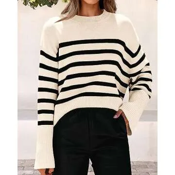 KIRUNDO Women's Striped Knit Oversized Fall Sweaters 2024 Trendy Clothes Crewneck Winter Pullover Sweater Side Split(Beige, Medium)