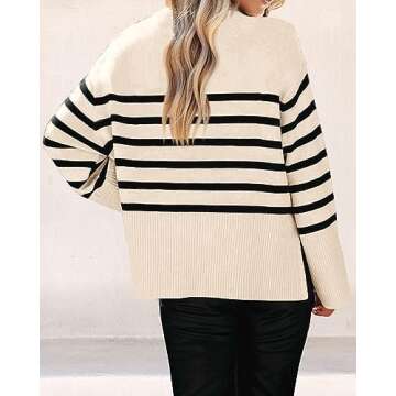 KIRUNDO Women's Striped Knit Oversized Fall Sweaters 2024 Trendy Clothes Crewneck Winter Pullover Sweater Side Split(Beige, Medium)