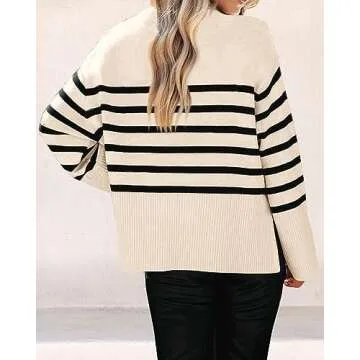 KIRUNDO Women's Striped Knit Oversized Fall Sweaters 2024 Trendy Clothes Crewneck Winter Pullover Sweater Side Split(Beige, Medium)