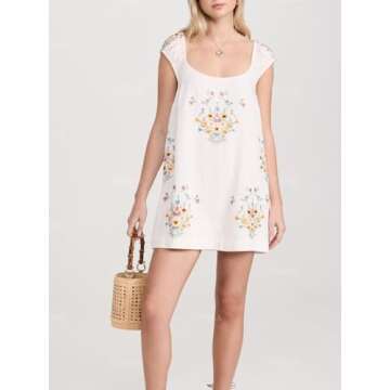 OFSOAK Embroidered Dress for Women Summer Floral Babydoll Short Dress Casual Lightweight Boho Vacation Sundresses White