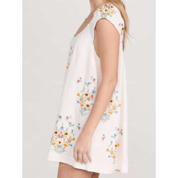 OFSOAK Embroidered Dress for Women Summer Floral Babydoll Short Dress Casual Lightweight Boho Vacation Sundresses White