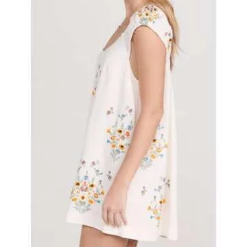 OFSOAK Embroidered Dress for Women Summer Floral Babydoll Short Dress Casual Lightweight Boho Vacation Sundresses White