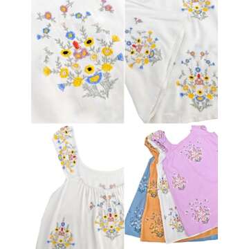 OFSOAK Embroidered Dress for Women Summer Floral Babydoll Short Dress Casual Lightweight Boho Vacation Sundresses White