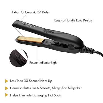 Hot Beauty Professional Ceramic Mini Flat Iron 1/2", Anti-Frizz, Fast Heating, Versatile Styling for...