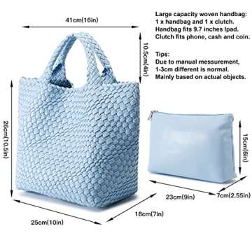 Woven Bag for Women, Vegan Leather Tote Bag Large Summer Beach Travel Handbag and Purse Retro Handmade Shoulder Bag (Sky Blue)