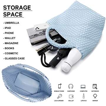 Woven Bag for Women, Vegan Leather Tote Bag Large Summer Beach Travel Handbag and Purse Retro Handmade Shoulder Bag (Sky Blue)