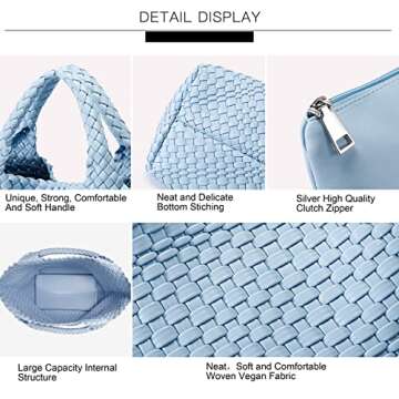 Woven Bag for Women, Vegan Leather Tote Bag Large Summer Beach Travel Handbag and Purse Retro Handmade Shoulder Bag (Sky Blue)