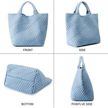 Woven Bag for Women, Vegan Leather Tote Bag Large Summer Beach Travel Handbag and Purse Retro Handmade Shoulder Bag (Sky Blue)