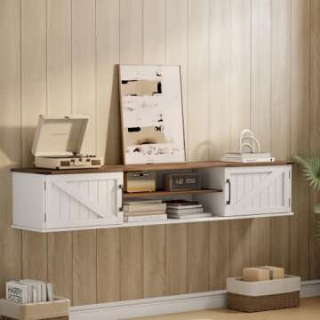 Floating TV Stand with Doors, 63'' Farmhouse Floating TV Shelf for TVs up to 80 Inch, 2 Tier Wall Mo...