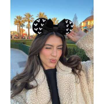 WOVOWOVO Mouse Ears Headbands for Women Girls Black Bow Pearl Hairbands Velvet Headband Christmas Co...