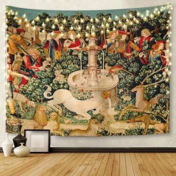 Semtomn Tapestry Artwork Wall Hanging Unicorn Tapestries Medieval Hunt Found Mythical Creatures 60x80 Inches Home Decor Tapestries Mattress Tablecloth Curtain Print