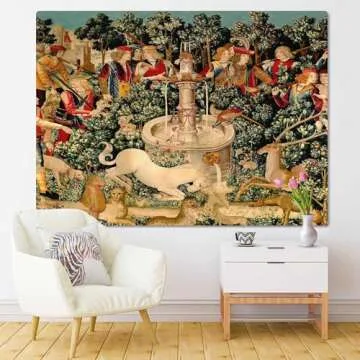Semtomn Tapestry Artwork Wall Hanging Unicorn Tapestries Medieval Hunt Found Mythical Creatures 60x80 Inches Home Decor Tapestries Mattress Tablecloth Curtain Print