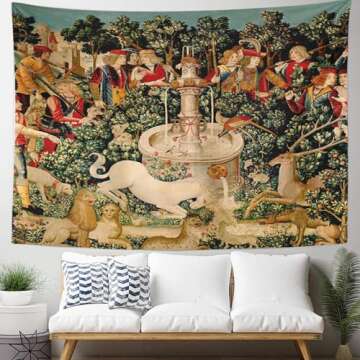Semtomn Tapestry Artwork Wall Hanging Unicorn Tapestries Medieval Hunt Found Mythical Creatures 60x80 Inches Home Decor Tapestries Mattress Tablecloth Curtain Print
