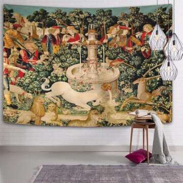 Semtomn Tapestry Artwork Wall Hanging Unicorn Tapestries Medieval Hunt Found Mythical Creatures 60x80 Inches Home Decor Tapestries Mattress Tablecloth Curtain Print