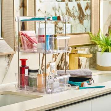 3 Tier Clear Under Bathroom Sink Organizer Pull Out Drawer | Bathroom Cabinet Organizer Under Sink | Under Vanity Organizer | Medicine Cabinet Storage | Bathroom Counter Organizer | (2 Pack)