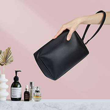 ECOSUSI Makeup Bag Travel Cosmetic Bag With Brush Slots Vegan Leather Zipper Pouch Bag Portable Make Up Organizer Toiletry Bag for Cosmetics, Toiletries, Accessories