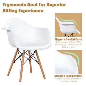 Giantex Dining Chairs Set of 2 White, Easily Assemble Modern Mid Century Dining Chairs with Wood Legs, Max Load to 330 Lbs, Plastic Kitchen Chairs with Arm for Dining Room