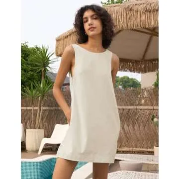 Megfie Womens Summer Crew Neck Sleeveless Open Back Dress Casual Beach Sunshine Cotton Linen Mini Dress(0793-Beige-M)