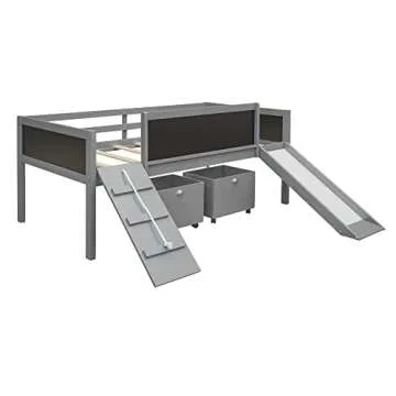 Bellemave Low Loft Bed with Slide, Twin, Grey, Wooden Frame, Storage Boxes, Chalk Board for Kids