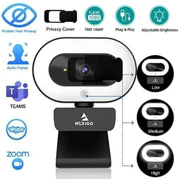 NexiGo StreamCam N930E with Software, 1080P Webcam with Ring Light and Privacy Cover, Auto-Focus, Plug and Play, Web Camera for Online Learning, Zoom Meeting Skype Teams, PC Mac Laptop Desktop