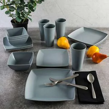 Gibson Home Soho Grayson Square Melamine Plastic Dinnerware Set, Service for Four (16pcs), Grey