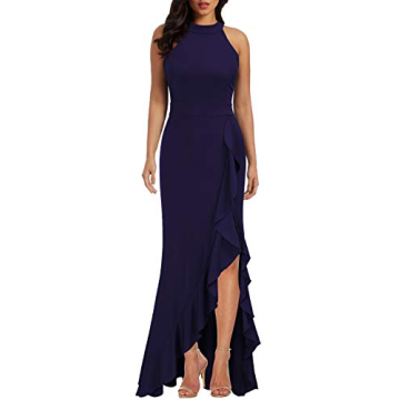 WOOSEA Women's High Neck Split Bodycon Mermaid Evening Cocktail Long Dress Navy Blue