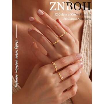 ZNBOH Gold Birthstone Initial Rings for Women Non Tarnish Dainty 14K Gold Plated Adjustable Letter R...