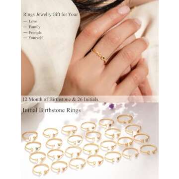 ZNBOH Adjustable Birthstone Initial Rings for Women