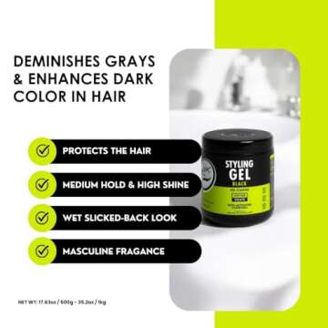 Rolda Black Styling Hair Gel - Medium To Strong Hold With Medium Shine For a Wet Slicked Back Look With All Day Hold - Activated Black Charcoal Covers Grey Hair Instantly 17.6oz
