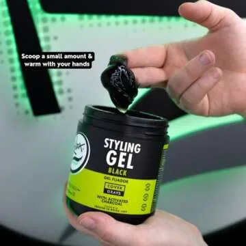 Rolda Black Styling Hair Gel - Medium To Strong Hold With Medium Shine For a Wet Slicked Back Look With All Day Hold - Activated Black Charcoal Covers Grey Hair Instantly 17.6oz