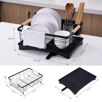 AppleTofu Black Dish Drying Rack with Elegant Beechwood Handles