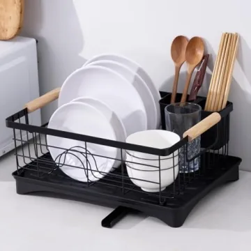 AppleTofu Black Dish Drying Rack with Elegant Beechwood Handles