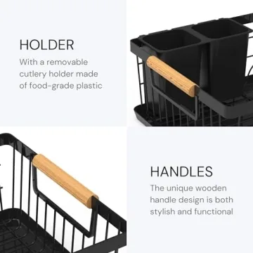 AppleTofu Black Dish Drying Rack with Elegant Beechwood Handles