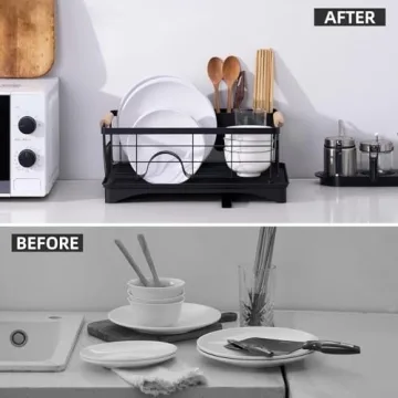 AppleTofu Black Dish Drying Rack with Elegant Beechwood Handles