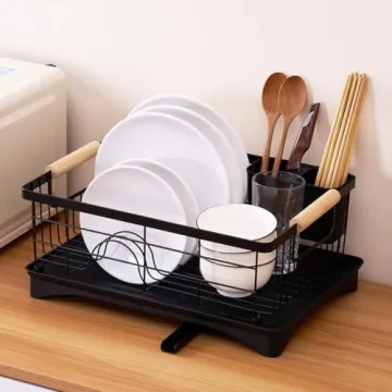 AppleTofu Black Dish Drying Rack with Elegant Beechwood Handles