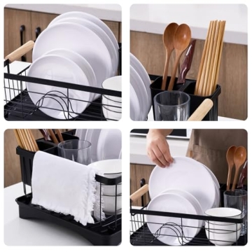 AppleTofu Black Dish Drying Rack with Elegant Beechwood Handles
