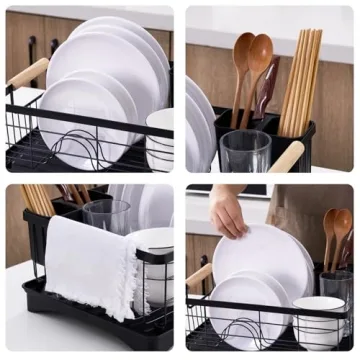 AppleTofu Black Dish Drying Rack with Elegant Beechwood Handles