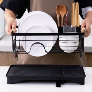 AppleTofu Black Dish Drying Rack with Elegant Beechwood Handles