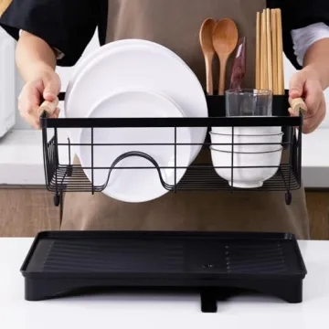 AppleTofu Black Dish Drying Rack with Elegant Beechwood Handles