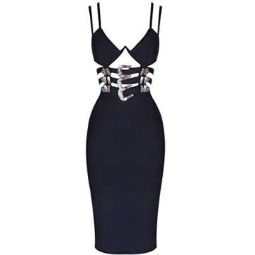 Whoinshop Women's Chic Cut Out Strappy Bodycon Bandage Party Midi Dress with Belt (XL, Black)