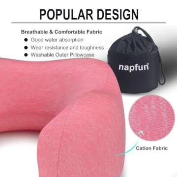 napfun Neck Pillow for Traveling, Upgraded Travel Neck Pillow for Airplane 100% Pure Memory Foam Travel Pillow for Flight Headrest Sleep, Portable Plane Accessories, Rose