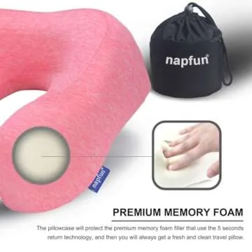 napfun Neck Pillow for Traveling, Upgraded Travel Neck Pillow for Airplane 100% Pure Memory Foam Travel Pillow for Flight Headrest Sleep, Portable Plane Accessories, Rose