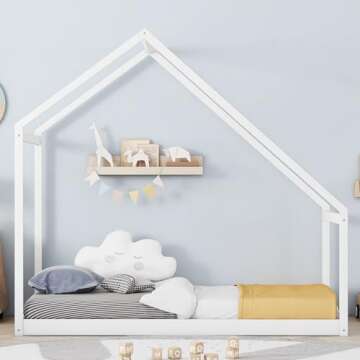 Merax Twin Bed Frames with Roof for Kids Girls Boys, Montessori Wooden House Shaped, Sturdy Framework, Easy Assembly, No Noise