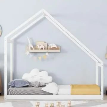 Merax Twin Bed Frames with Roof for Kids Girls Boys, Montessori Wooden House Shaped, Sturdy Framework, Easy Assembly, No Noise